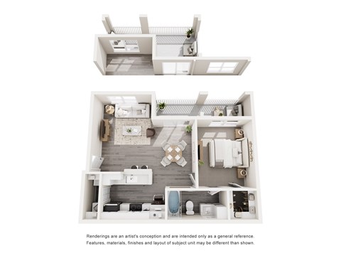 A white floor plan of a house with a kitchen, living room, and bedrooms.